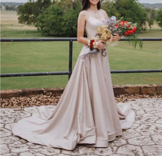 Light pink A-line satin long prom dress pink  prom dress