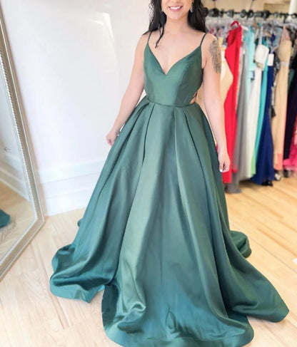 Simple v neck satin green long prom dress green long prom dress
