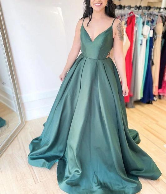 Simple v neck satin green long prom dress green long prom dress