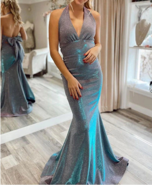 Gray blue v neck mermaid long prom dress blue prom dress
