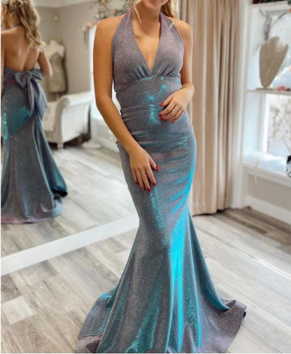 Gray blue v neck mermaid long prom dress blue prom dress