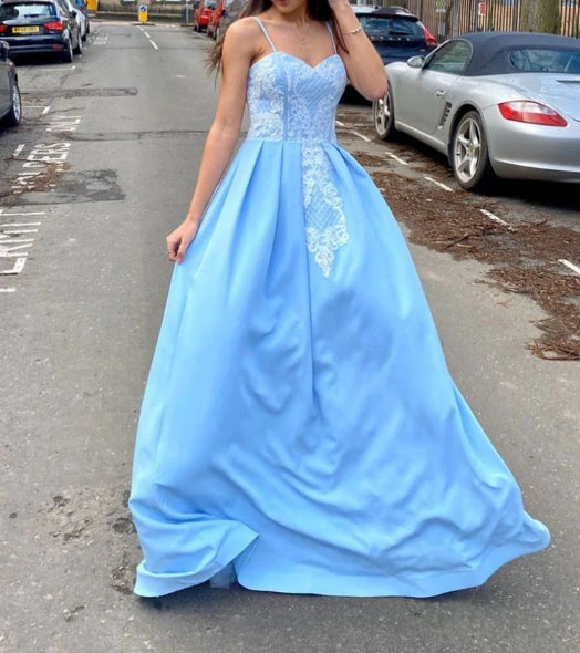 Blue satin lace long prom dress blue lace prom dress