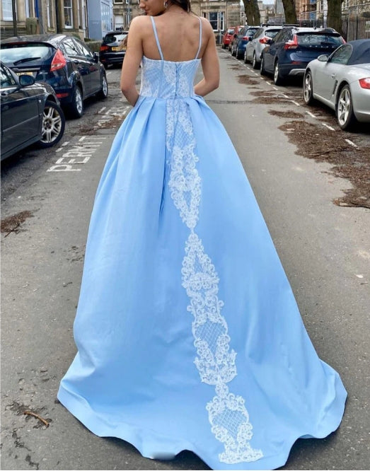 Blue satin lace long prom dress blue lace prom dress