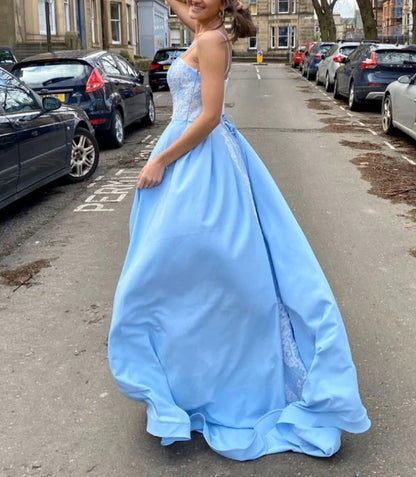 Blue satin lace long prom dress blue lace prom dress