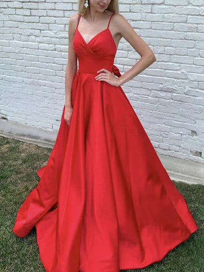 Red v neck satin long prom dress red satin prom dress