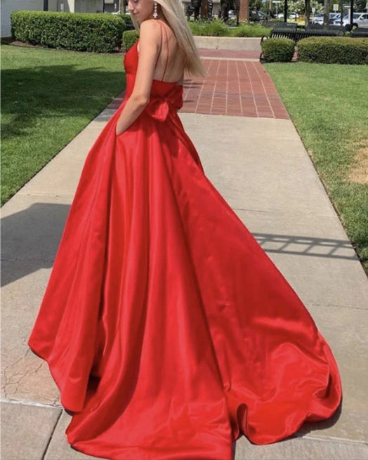 Red v neck satin long prom dress red satin prom dress