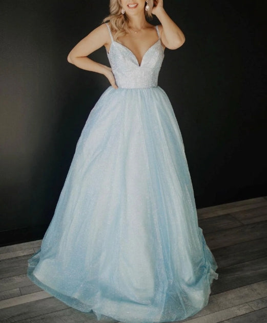 Blue v neck tulle sequin long prom dress blue tulle formal dress
