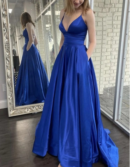 Simple blue v neck satin long prom dress blue formal prom dress