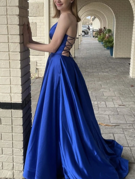 Simple blue v neck satin long prom dress blue formal prom dress