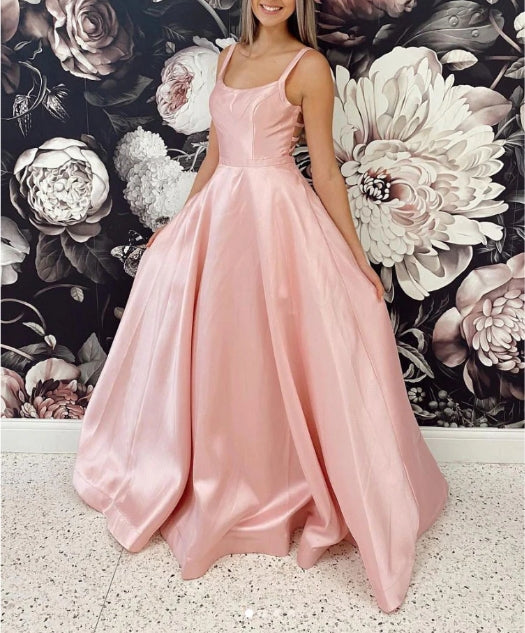 Simple pink satin long prom dress pink satin formal prom dress