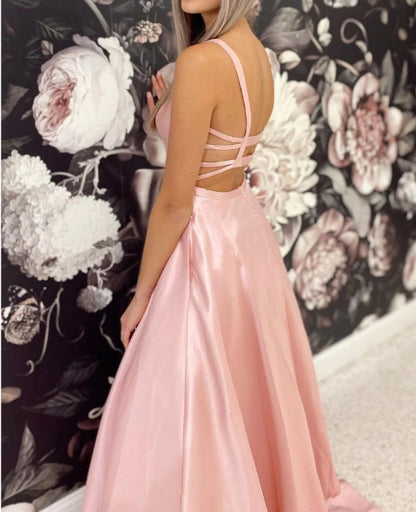 Simple pink satin long prom dress pink satin formal prom dress