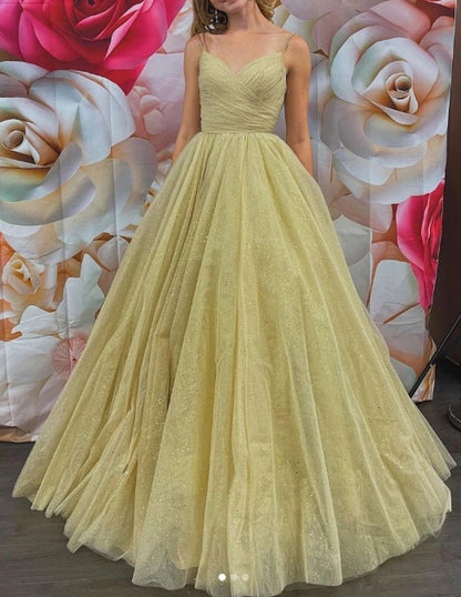 Gold v neck tulle long prom dress tulle formal dress