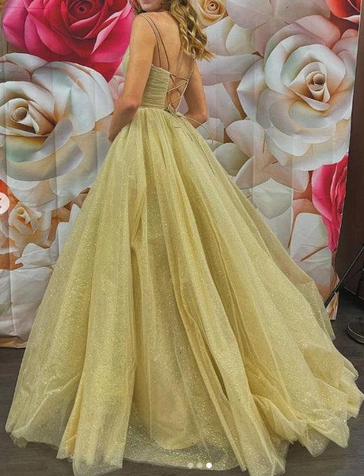 Gold v neck tulle long prom dress tulle formal dress