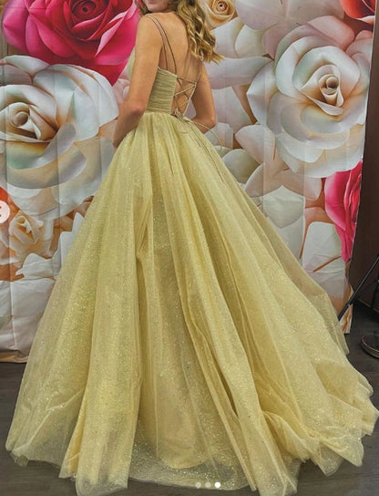 Gold v neck tulle long prom dress tulle formal dress