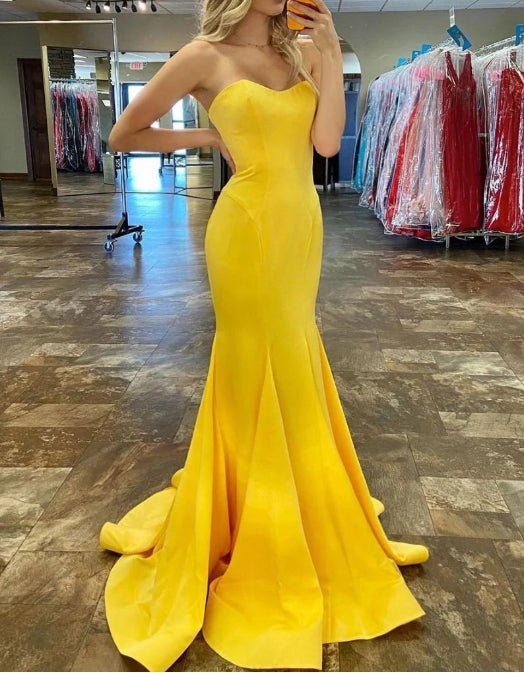 Simple yellow satin long prom dress yellow formal dress