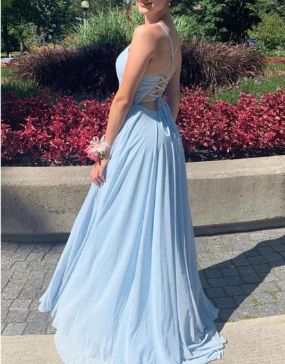 Blue v neck tulle long prom dress blue evening dress