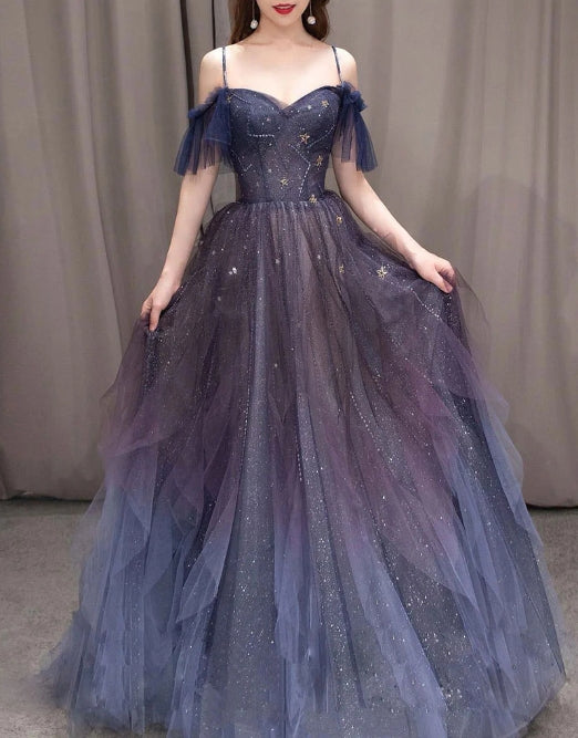 Purple sweetheart neck tulle long prom dress purple formal prom dress