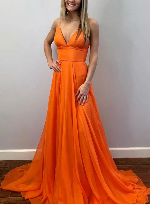 Simple Orange tulle long prom dress orange evening dress