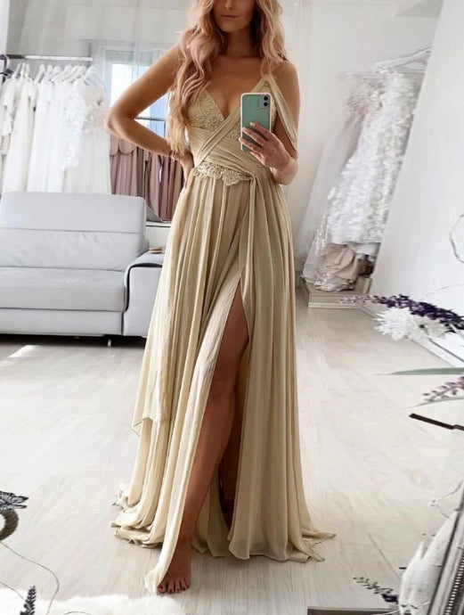 Champagne v neck chiffon lace long prom dress lace formal prom dress