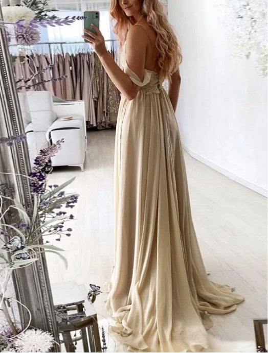 Champagne v neck chiffon lace long prom dress lace formal prom dress