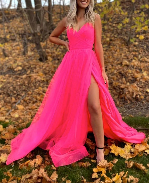 Simple v neck tulle pink tulle formal dress pink tulle prom dress