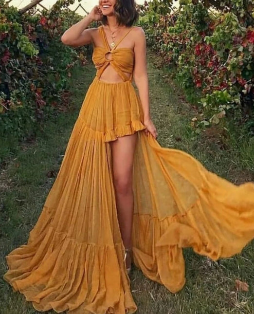 Simple yellow chiffon long prom dress yellow formal prom dress