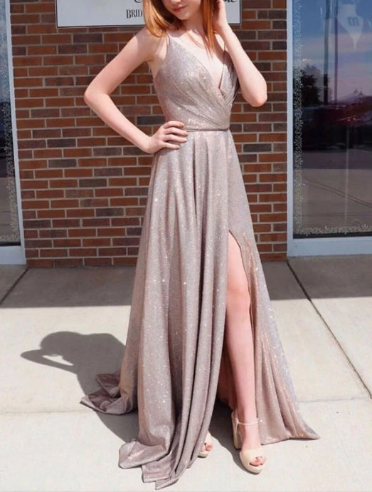 Simple v neck sequin satin long prom dress sequin evening dress