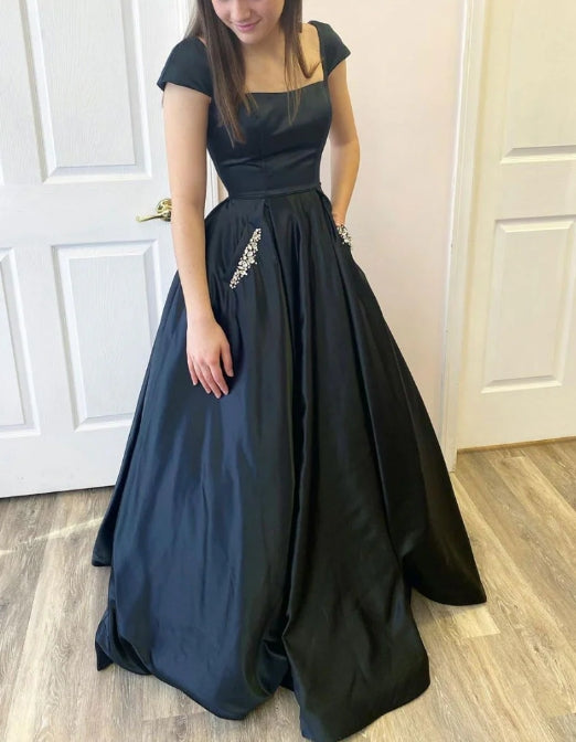 Simple black satin long prom dress black satin prom dress