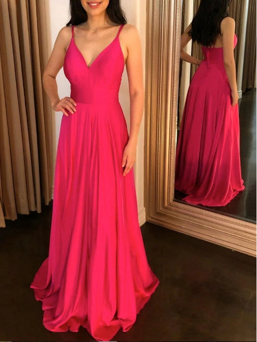 Simple v neck pink long prom dress pink formal prom dress