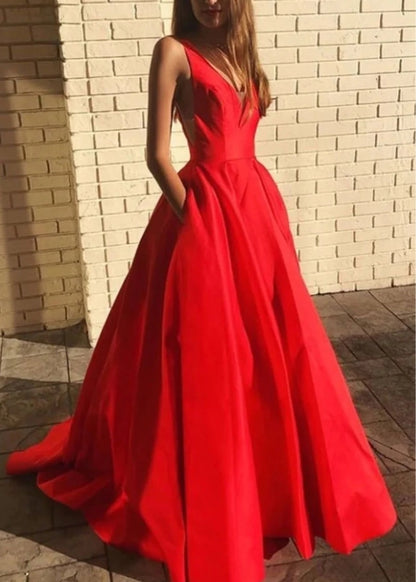Simple red v neck satin long prom dress red formal prom dress