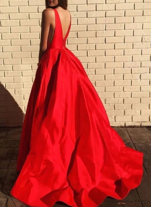 Simple red v neck satin long prom dress red formal prom dress