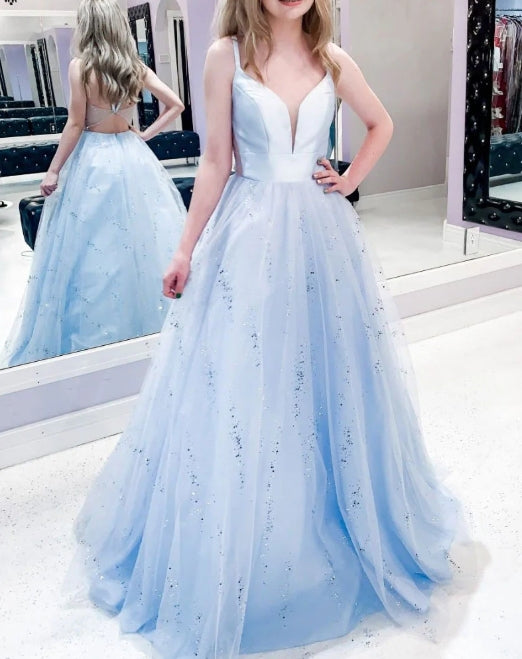 Blue v neck tulle long prom dress blue tulle formal prom dress