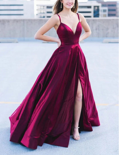 Simple burgundy satin long prom dress burgundy formal prom dress
