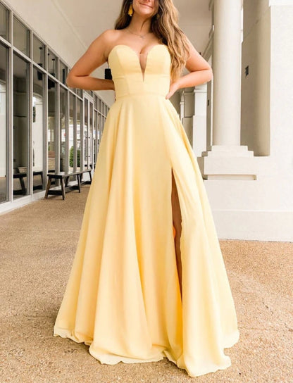 Simple yellow satin long prom dress yellow formal prom dress