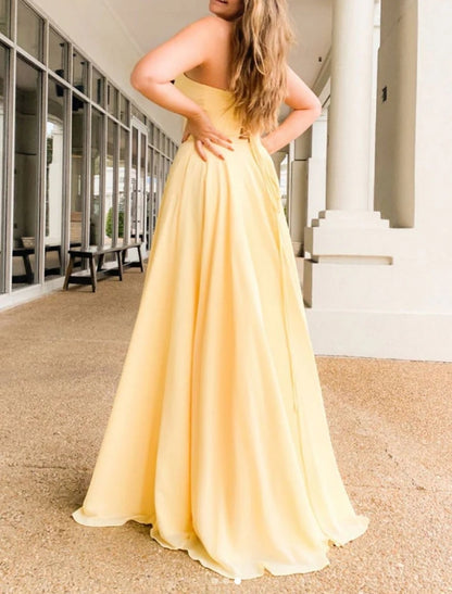 Simple yellow satin long prom dress yellow formal prom dress