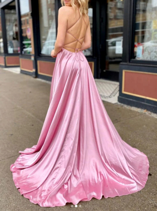 Simple v neck satin long prom dress pink long prom dress