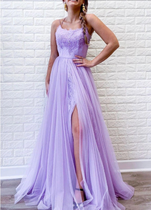 Purple tulle lace long prom dress purple formal prom dress