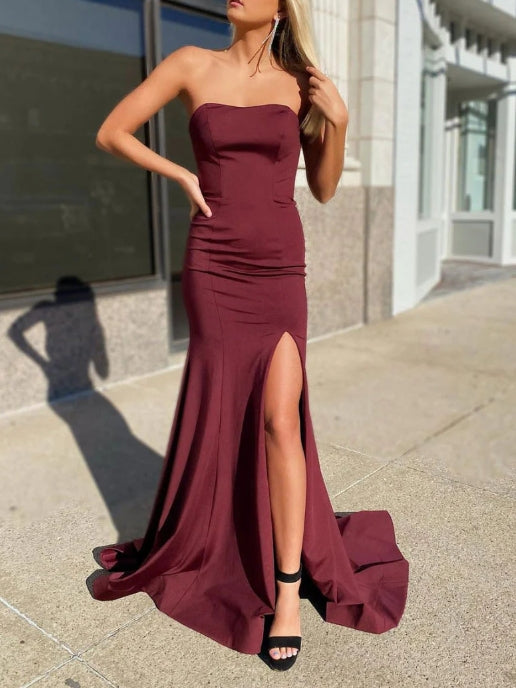 Burgundy satin long prom dress burgundy formal prom dress