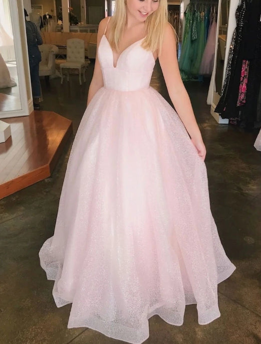 Pink v neck tulle long prom dress pink tulle formal prom dress