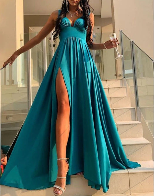 Simple v neck green long prom dress green prom dress