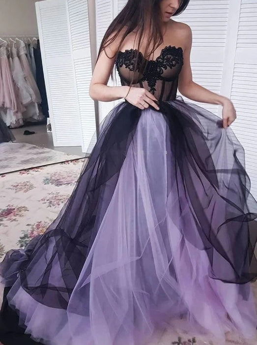 Purple sweetheart tulle long prom dress purple prom dress