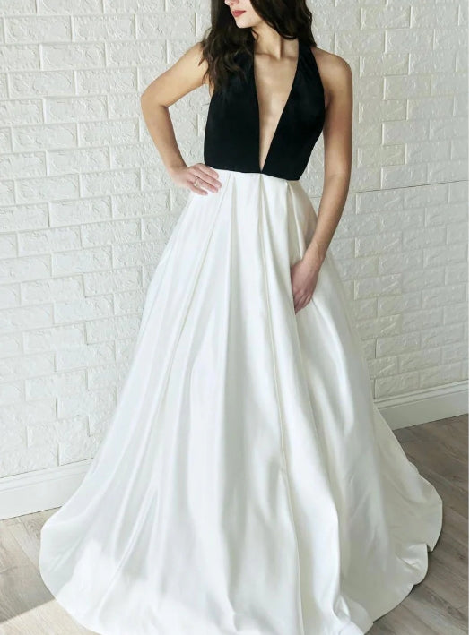Simple white v neck satin long prom dress white prom dress