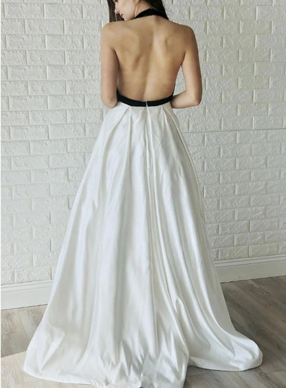 Simple white v neck satin long prom dress white prom dress