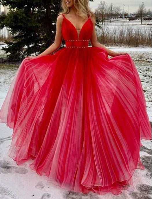 Red v neck tulle long prom dress red tulle prom dress