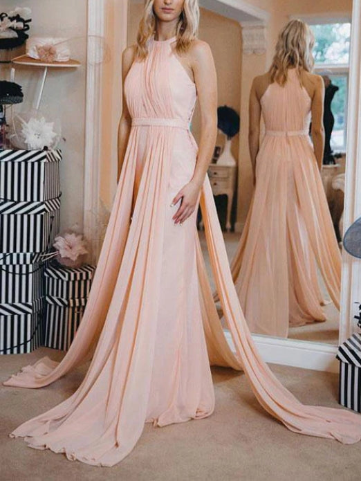 Simple chiffon pink long prom dress pink prom  dress