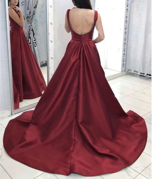 Burgundy v neck satin long prom dress burgundy satin Prom dress