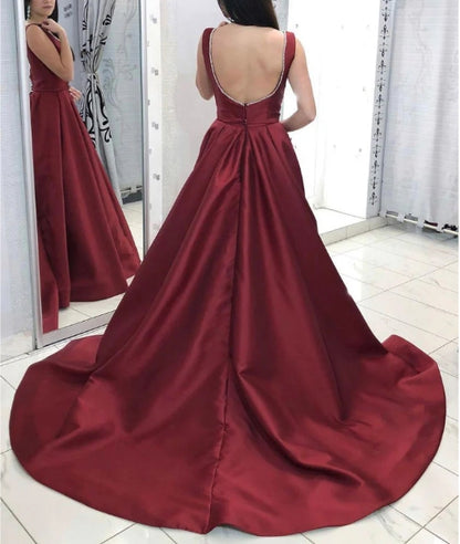 Burgundy v neck satin long prom dress burgundy satin Prom dress