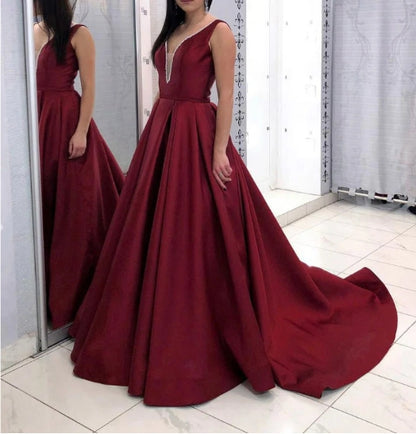 Burgundy v neck satin long prom dress burgundy satin Prom dress