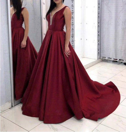 Burgundy v neck satin long prom dress burgundy satin Prom dress