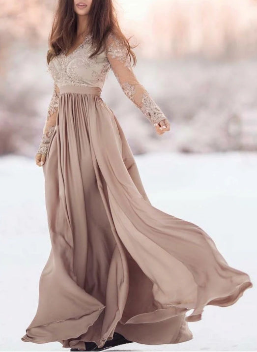 Champagne chiffon lace long prom dress champagne prom dress